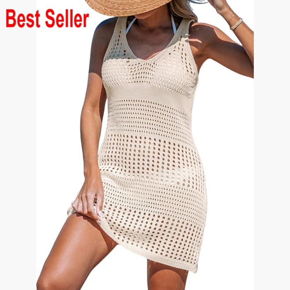 Crochet Sleeveless Cover Up Dress Hollow Out Knit Beach Coverup